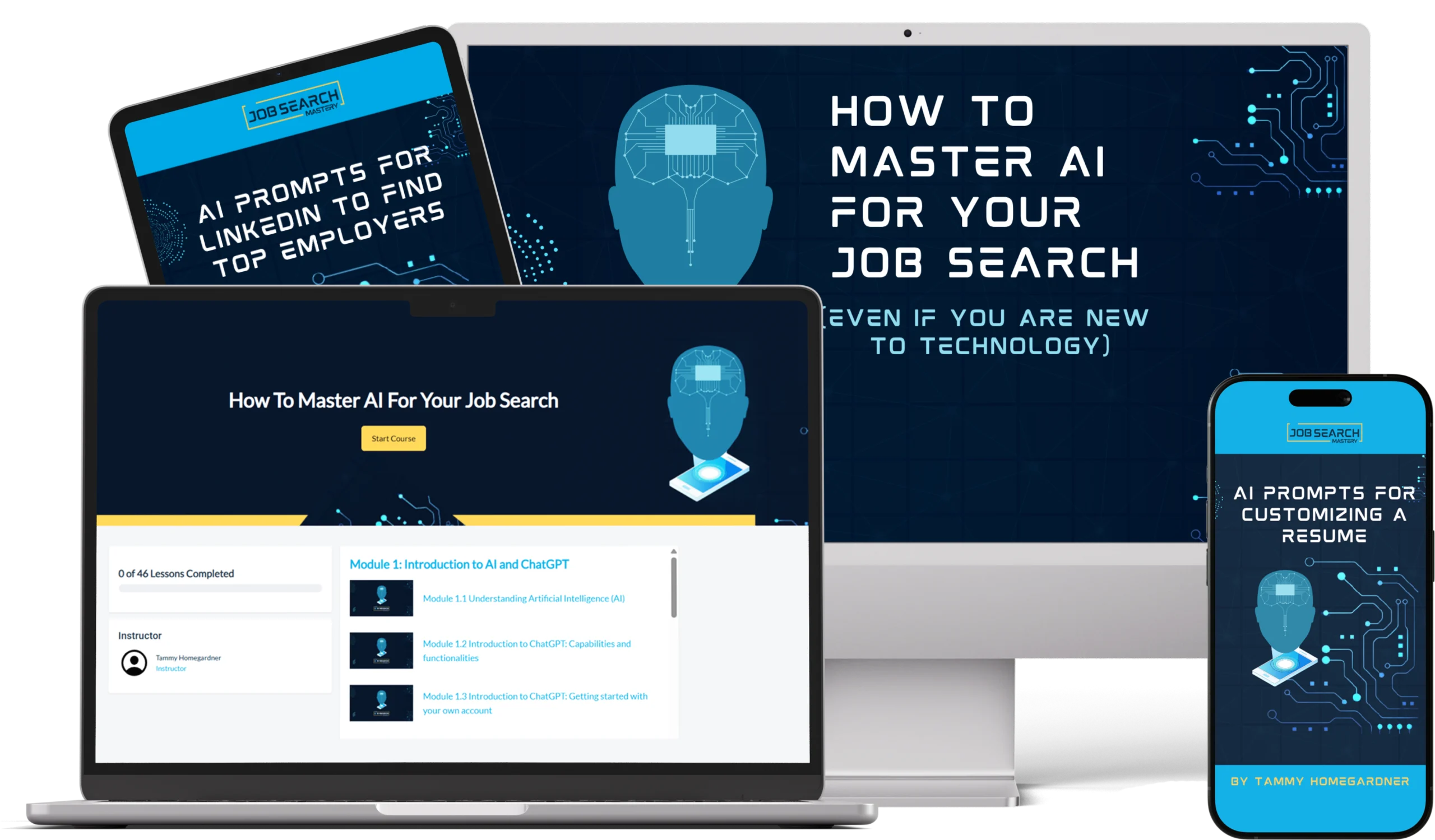 AI job search mastery course displayed on laptop, tablet, desktop, and mobile