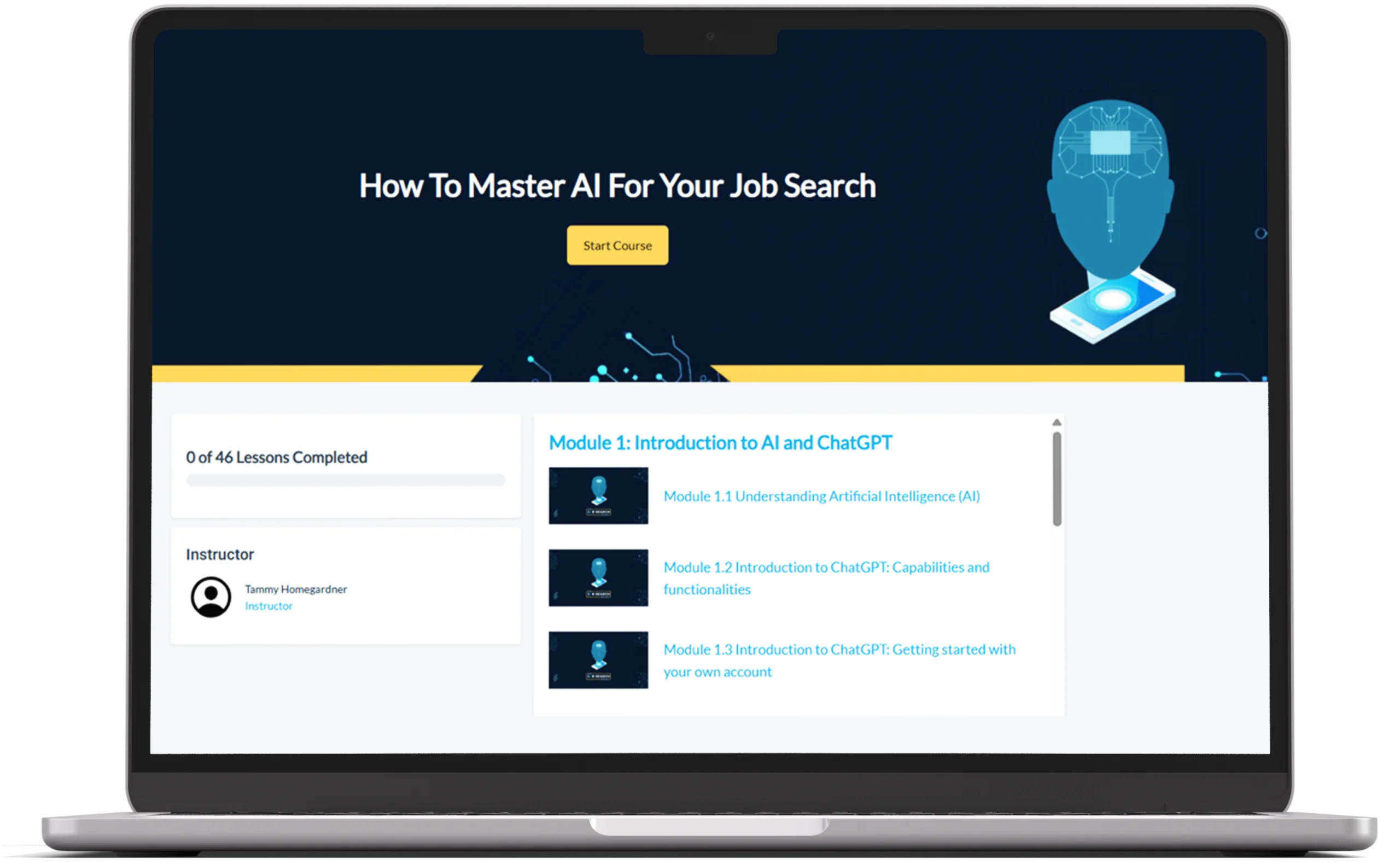 Laptop screen showing AI job search mastery course interface