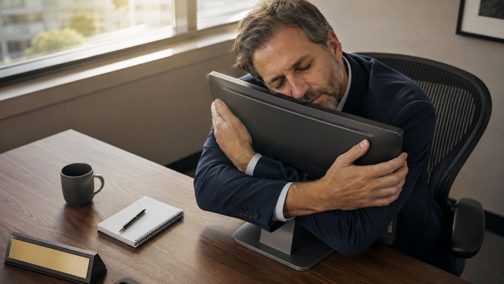 Professional in business attire hugging a computer monitor at a desk, illustrating the 2026 job hugging trend